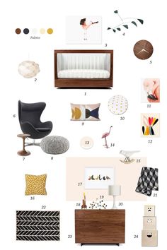 a collage of furniture and decor items including a crib, chair, ottoman, lamp, rugs