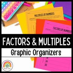 some colorful papers and numbers on top of each other with the words, factorors & multiples graphic organizer