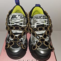 Gucci Women Flashtrek Silver W/ Purple Crystal - Nwt Size 36 (6) Luxury Metallic Sneakers For Streetwear, Luxury Silver Sneakers With Metallic Logo, Ace Logo, Rainbow Sneakers, Gold Platforms, Gucci Floral, Gucci Women, Velcro Sneakers, Shoes Gucci