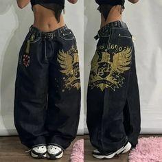 2024 New American Retro Skull Wings Embroidered Baggy Jeans Men And Women Y2K Harajuku Hip-hop Y2k Harajuku, Street Jeans, Streetwear Jeans, Denim Decor, High Waist Wide Leg Pants, Jeans Y2k, Women Y2k, Autumn 2024, Wide Trousers