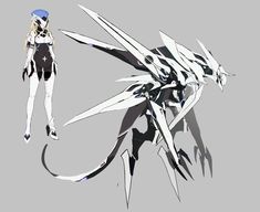 an anime character standing next to another character in front of a gray background with black and white lines