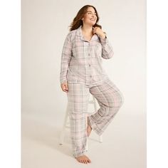 Cancel those plans for the evening and indulge in some me time with Joyspuns Notch Collar Pajamas. A must-have for your self-care, these sumptuously soft velour PJs were designed with doing absolutely nothing in mind. Crafted in a cozy stretch velour, youll love the incredible feel and relaxed fit. Meet Joyspun. A joyful new spin on Secret Treasures. Only at Walmart. Size: 4X.  Color: Gray.  Gender: female.  Age Group: adult. Plus Size Pajamas For Women, Soft Pjs, Plaid Sleeve, Plus Size Pajamas, Lace Trim Cami, Plaid Outfits, Womens Jersey, Notch Collar, Womens Pyjama Sets