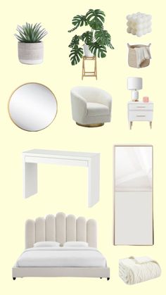 an assortment of white furniture and accessories on a yellow background, including a bed, chair, mirror, table, lamp, plant