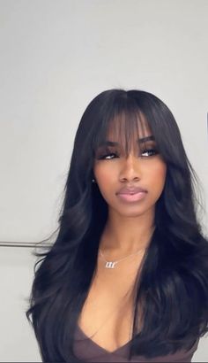 Layered Bangs Hairstyles Black Women, Graduation Weave Hairstyles, Sew In Black Women Hairstyles, Bangs With Sew In, Black Woman Bangs Hairstyle, Graduation Long Hairstyles, Wispy Bangs Wig Black Women, Sew In Hairstyles Sza, Birthday Black Woman Outfit