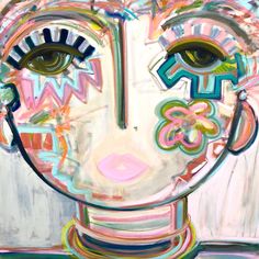 an abstract painting of a woman's face with blue eyes and pink, green, yellow, and white colors