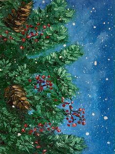 a painting of a christmas tree with berries and pine cones