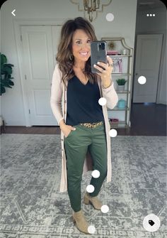 Thick Body Outfits Work, Grey With Green Outfit, Cute Work Outfits For Women, October Teacher Outfits, Late 30s Fashion Outfits Women Fall, 50 Outfits Ideas Over 50 Fashion Over 50, Rainy Day Work Outfit Casual, Army Green Tshirt Outfit, Cute Legging Outfits Fall