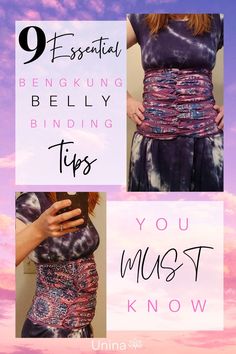 three different types of dresses with the text 9 essential belly binding tips you must know