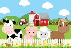 farm animals standing in the grass near a fence