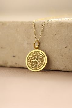 Gold Viking Compass Pendant - Viking Compass Gold Necklace ● Material of pendant: Solid Gold 14k ( REAL GOLD ) ● Metal Stamp: 14k ( REAL GOLD ) ● The pendant is available in 5 sizes: - 12,7 mm / 0.5 inches (Diameter) - 14,0 mm / 0,55 inches ( Diameter ) In the photos - 15,3 mm / 0.6 inches ( Diameter ) - 16,5 mm / 0,65 inches ( Diameter ) - 19,1 mm / 0,75 inches ( Diameter ) ( In the photos the size is 14mm / 0.55 inches Diameter ) ( Jump Ring inner diameter: 4 mm ) ● Material of chain: Solid go Commemorative Amulet Necklaces With Round Shape, Amulet Style Commemoration Necklace With Round Shape, Compass Design Pendant Jewelry As Gift, Compass Design Pendant Jewelry Gift, Symbolic Compass Design Necklace As Gift, Symbolic Compass Design Necklace Gift, Spiritual Compass Design Necklace As Gift, Spiritual Compass Design Jewelry Gift, Spiritual Compass Design Necklace Gift