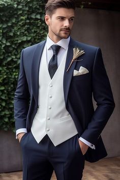 This is a Premium 3 Piece Suit crafted from high quality fabric and imported materials. Our products are handcrafted by experienced tailors who make sure the that the stitching is precise, lining is proper and the overall product is sturdy enough to not go out of shape for more than a few years. Also all our products have extra margins in their length, sleeves, sides so it's easily alterable if your size changes after some time. To see more available colours and designs in this collection, Check out the 'Premium 3 Piece Suits' Section. *This is a 3 piece set of a jacket, waistcoat and a trouser. *We also offer customization so we can provide you an even better fit if you message us your measurements (in inches) of Chest, Stomach, Waist, Hip, Shoulder and Height after ordering. *Want this p Navy Blue 3 Piece Suit, Navy Blue Suit Wedding, Best Wedding Suits For Men, Wedding Suits Men Blue, Groom Blue Suit, Best Wedding Suits, Dark Blue Suit, Blue Suit Men, Blue Suit Wedding