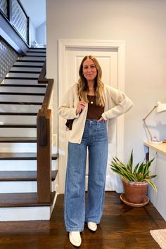 Fall outfit with wide leg jeans, a cream cardigan sweater, bone mules, and a brown rib knit shirt. Michelle Tomczak Blog. Black Birkenstocks, Wide Leg Jeans Outfit, White Flowy Dress, Jeans Outfit Fall, Warm Weather Outfits, Cardigan Outfits, Thanks So Much, Velvet Tops, Baggy Jeans