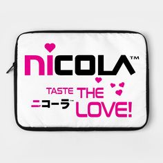 a white laptop case with the words nicola on it and hearts in pink ink