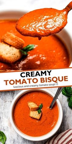 a spoon full of tomato soup with bread on the side and an advertisement for creamy tomato bisque