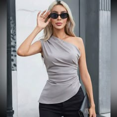 Super Cute And Stylish Ships In 5-10 Business Days Gray Work Outfit, Bishop Sleeve Dress, Asymmetrical Hem Top, Off Shoulder Shirt, Pleat Top, Satin Top, Asymmetrical Tops, Shoulder Shirts, Fashion Design Clothes