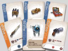 four cards with different items on them in the game overwatch card game box set