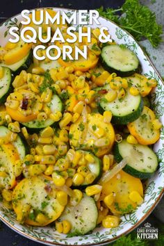 a bowl filled with corn and cucumbers