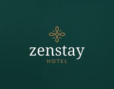 the logo or sign for a hotel on a dark green background with gold lettering that reads, zenstay