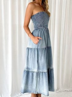 Casual style. Unique look. European design. Strapless. Pull on. Pockets on sides. Polyester soft fabric. Open sides skirt. Color may be lighter or darker depending the device it is displayed. Tube Maxi Dresses, Skirt Jumpsuit, European Designs, Light Blue Denim, Dusty Blue, Bottoms Pants, Denim Dress, Smocking, Casual Style