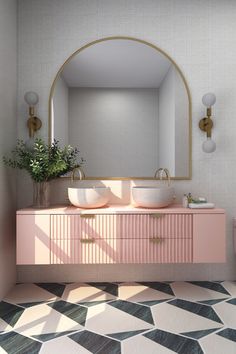 Patterned marble floors, a pink double sink vanity, and a big arched mirror are one of the accents for this bathroom transformation. Designers create beautiful and functional solutions for your home, your business, or any space. In this master bathroom, I wanted to make it as fun and sophisticated as possible evoking a feeling of joy and pleasure in every corner of this room. Gold hardware and light fixtures give a modern aesthetic while the marble hexagonal floor tiles have an art deco style. Eclectic Bathroom, Deco Bathroom, Bathroom Design Decor, Girls Bathroom, Pink Bathroom, Kids' Bathroom, Beautiful Bathrooms, Dream House Decor, Bathroom Makeover