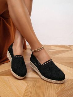 Women Hollow Out Espadrille Wedge Court Shoes, Fabric Vacation Wedge Shoes | SHEIN USA Fabric Shoes, Black Fabric