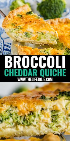 broccoli cheddar quiche on a plate with text overlay