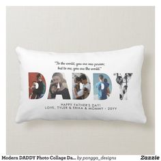 a pillow with the words dad on it and pictures of two people in different languages