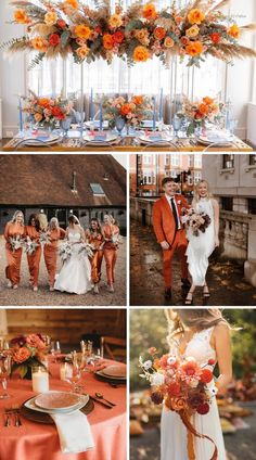 an orange and white wedding is shown in this collage with photos from the bride and groom