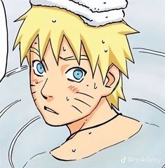 an anime character with blue eyes and yellow hair is in the water, wearing a towel on top of his head