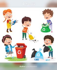 children are cleaning up trash and recycleing it with their hands, while another child