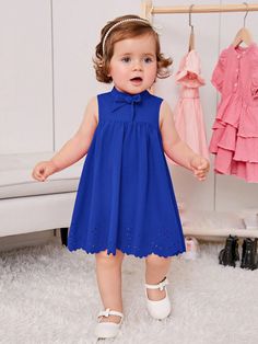 Baby Girl Bow Front Laser Cut Dress Blue   Sleeveless Woven Fabric Plain Smock Non-Stretch  Baby Girls Clothing, size features are:Bust: ,Length: ,Sleeve Length: Toddler Princess Dress, Laser Cut Dress, Embroidered Mesh Dress, Fashion Design Collection, Cut Dress, Girls Bows, One Piece Dress, Sleeved Romper