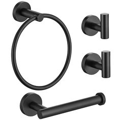 an image of a black bathroom set with two towel rings and toilet paper holders on the wall