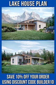 two pictures of a house with the words small house plan save 10 % off your order using discount code builder 10