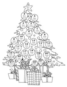 a christmas tree with numbers and presents on it