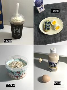 four pictures showing different types of food and drinks in plastic containers, including yogurt