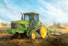 a painting of two tractors plowing a field with the help of a tractor driver