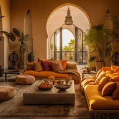 a living room filled with lots of furniture and plants on top of it's walls