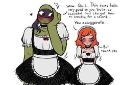 two women dressed in maid outfits, one with red hair and the other wearing green