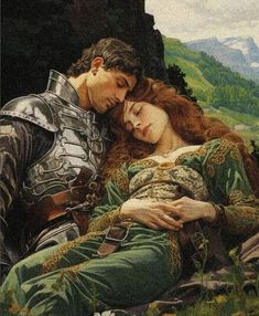 a painting of a man and woman in armor laying on the ground next to each other