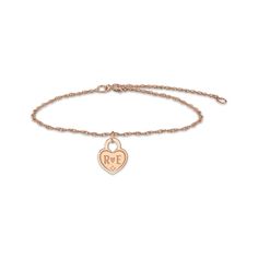 This engravable heart-shaped lock bracelet is a sweet way to show your love. 14K rose gold Features your and your loved one's initials inscribed with a heart in the middle A diamond accent shimmers at the bottom of the heart 6.25-inch rope chain with 1-inch extender Spring ring clasp Rose Gold Promise Jewelry With Initials, Rose Gold Jewelry With Initials For Promise, Rose Gold Heart Charm Jewelry For Promise, Rose Gold Promise Jewelry With Heart Charm, Rose Gold Jewelry With Heart Charm For Promise, Personalized Rose Gold Promise Bracelets, Personalized Rose Gold Bracelets For Promise, Personalized Rose Gold Bracelet For Promise, 14k Rose Gold Heart Bracelet With Charm