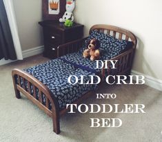 a small child's bed with the words diy old crib into toddler bed