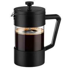 a black coffee maker with a cup in the middle and a handle on it's side