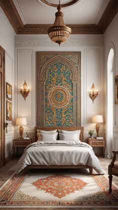 a large bed sitting under a chandelier in a bedroom