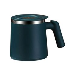 a teal colored coffee pot with a metal lid and handle on the side, in front of a white background