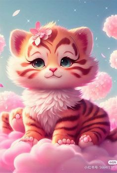 a small kitten sitting on top of pink clouds