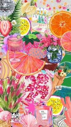 a collage of fruit, flowers and other items on a table with a disco ball in the background