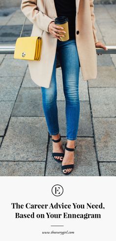 a woman in jeans and heels holding a yellow purse