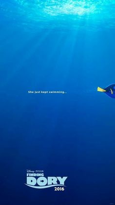 a blue and yellow fish swims through the water in this advertisement for dory