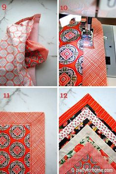 four pictures showing how to sew an origami quilt with the sewing machine