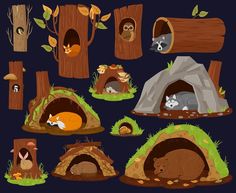 an image of animals in the woods with their houses and sleeping caves on dark background